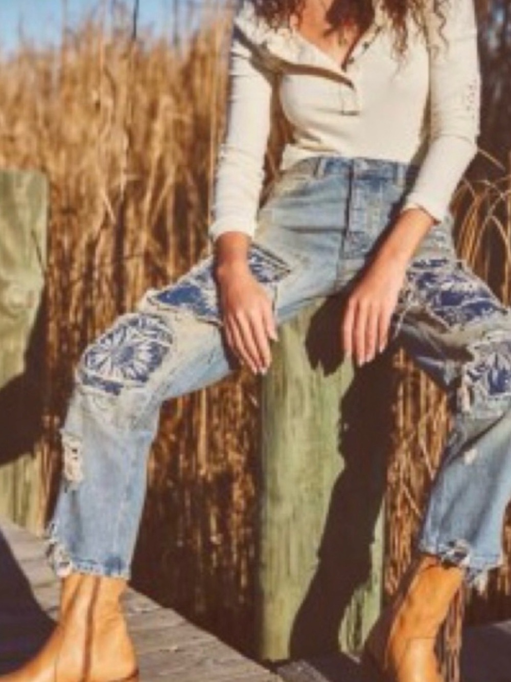 We The Free Desert Rose Distressed Patchwork Straight Jeans
